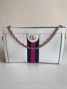 Gucci Ophidia Small Mystic White Leather Web Chain Shoulder Bag Entrupy COA